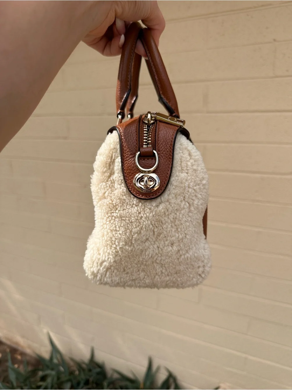 Coach Chestnut Brown Pebbled Leather Satchel with Shearling Trim